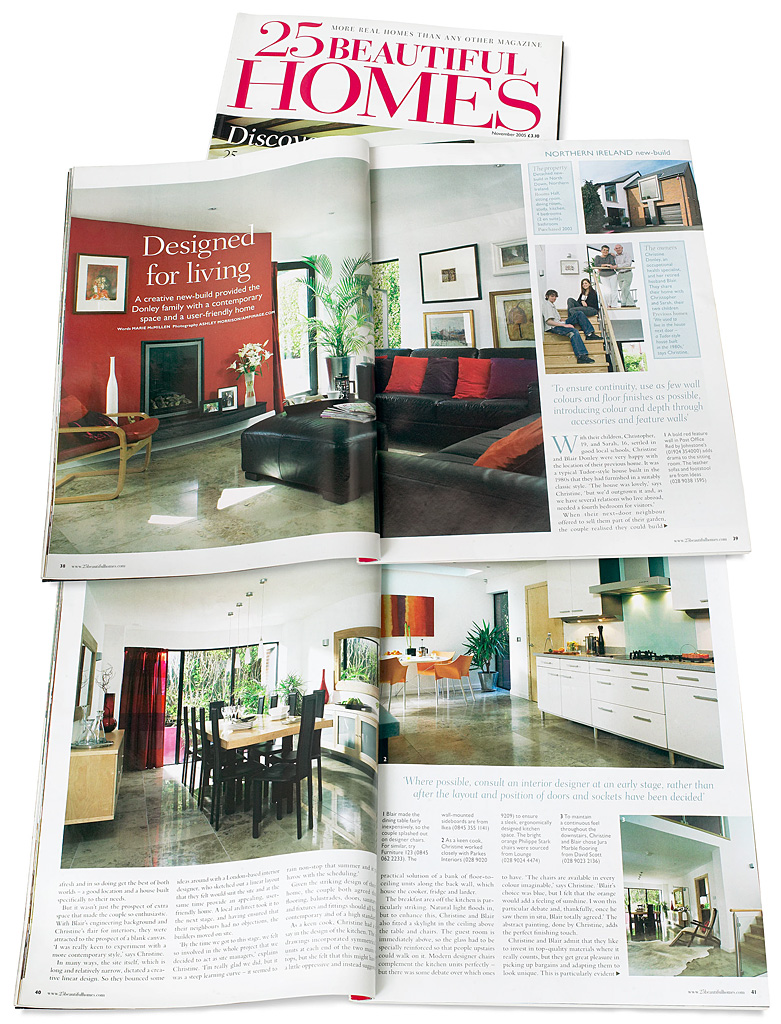 Pages 38 to 42 in the November 2005 issue of 25 Beautiful Homes magazine featuring Christine and Blair Donley's Tudor style house which was built in the 80's in the County Down seaside town of Bangor.