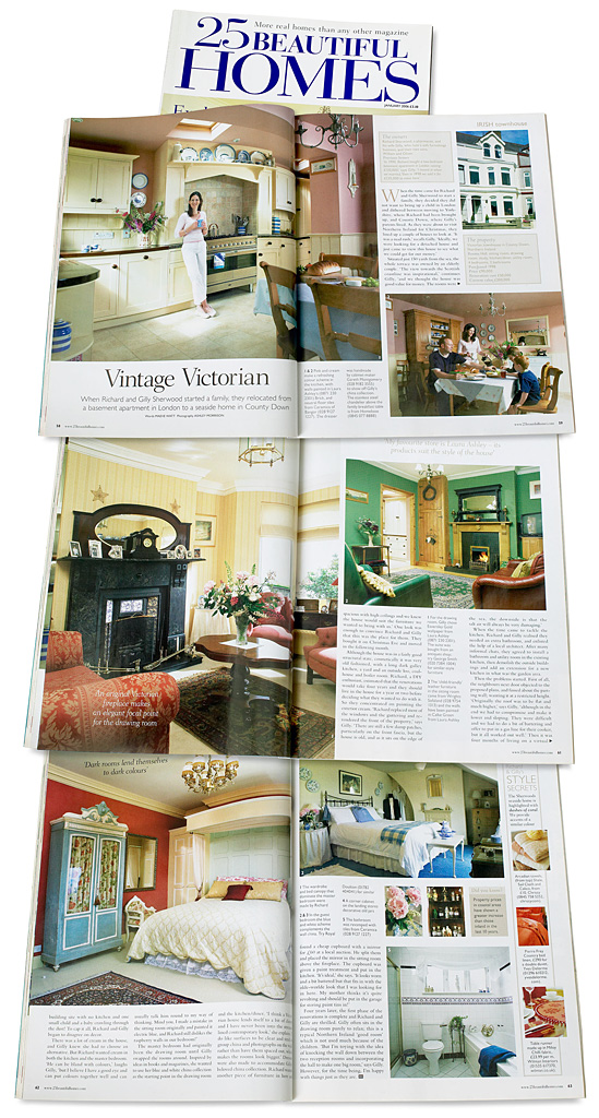 Pages 58 to 63 in the January 2006 issue of 25 Beautiful Homes magazine featuring Gilly and Richard Sherwood's Victorian townhouse in the County Down town of Donaghadee.