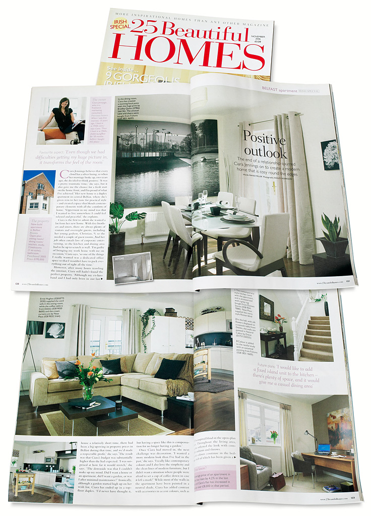 Pages 120 to 123 in the November 2006 issue of 25 Beautiful Homes magazine featuring Ciara Jennings' Lagan-side apartment in Belfast.