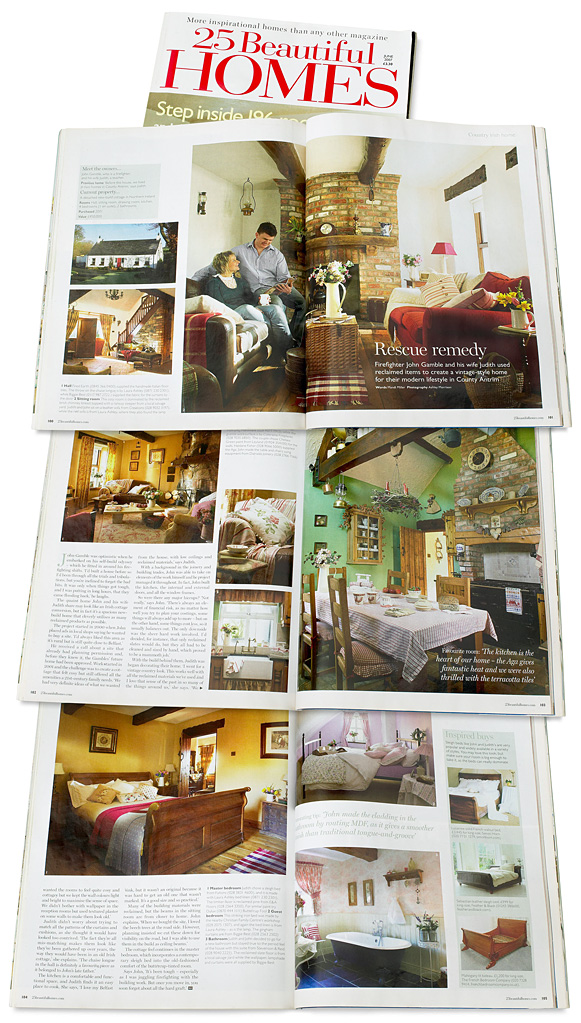 Pages 100 to 104 in the June 2007 issue of 25 Beautiful Homes magazine featuring Judith and John Gamble's new-build cottage near Broughshane in County Antrim.