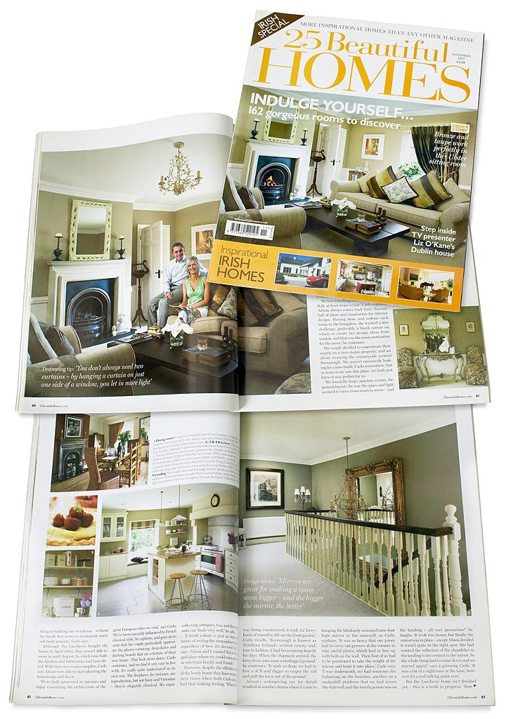 The cover plus pages 80 to 84 in the November 2007 issue of 25 Beautiful Homes magazine featuring Alison and Carlo Lucchesi's detached new-build house near Enniskillen in County Fermanagh.