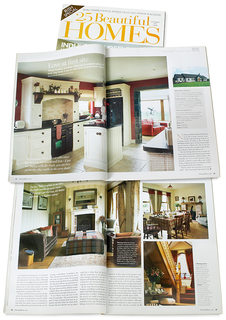 Pages 62 to 66 in the November 2007 issue of 25 Beautiful Homes magazine featuring Noeleen and Brian Glass's new-build traditional-style bungalow in County Antrim.