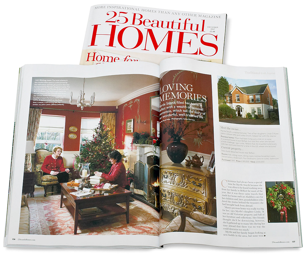 Pages 136 to 139 in the December 2007 issue of 25 Beautiful Homes magazine featuring Myrtle Smyth's new-build detached house near Belfast at Christmas.