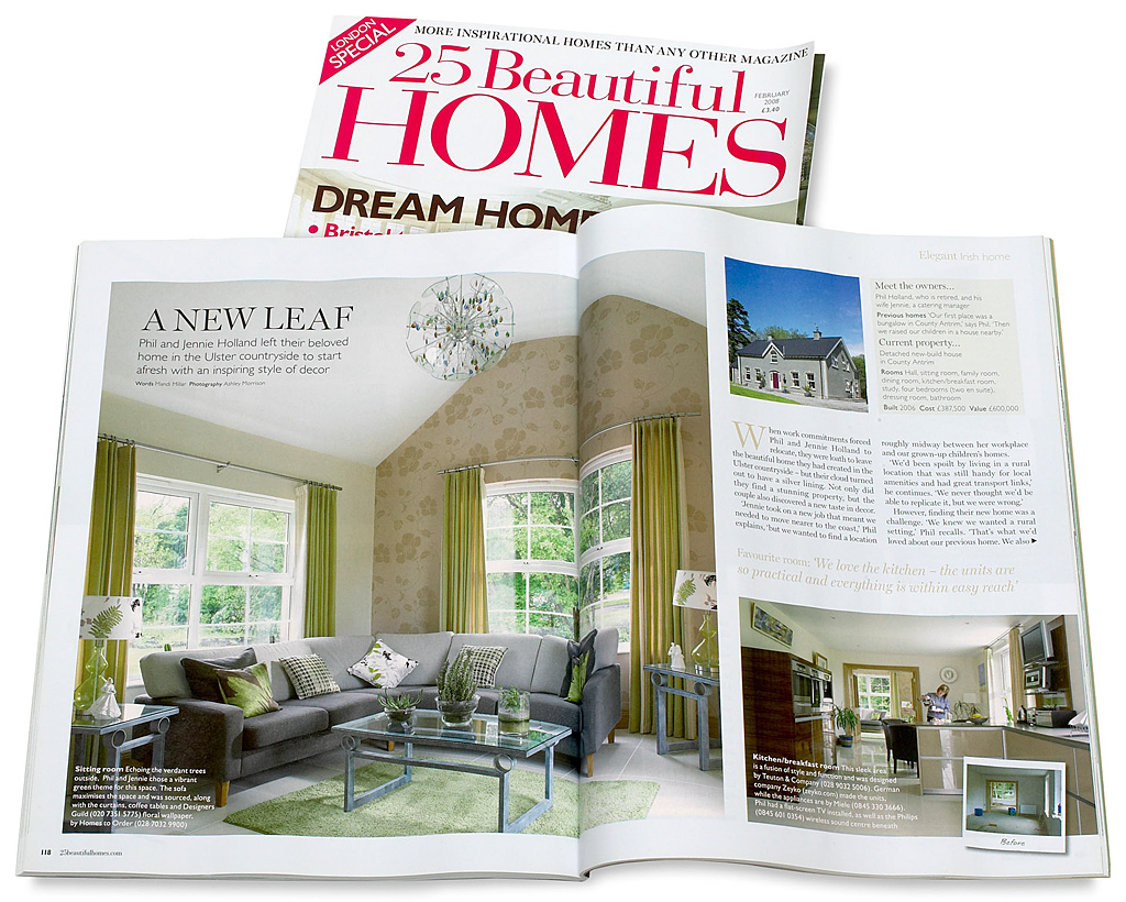 Pages 118 to 122 in the February 2008 issue of 25 Beautiful Homes magazine featuring Jennie and Phil Holland's detached new-build house near Ballymoney in County Antrim.