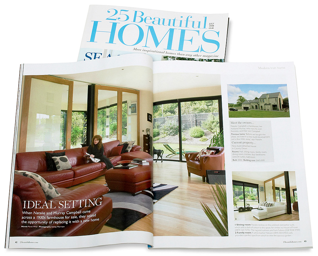 Pages 42 to 45 in the July 2008 issue of 25 Beautiful Homes magazine featuring Natalie Campbell and Murry Bailie's newly built detached house near the County Down village of Conlig.