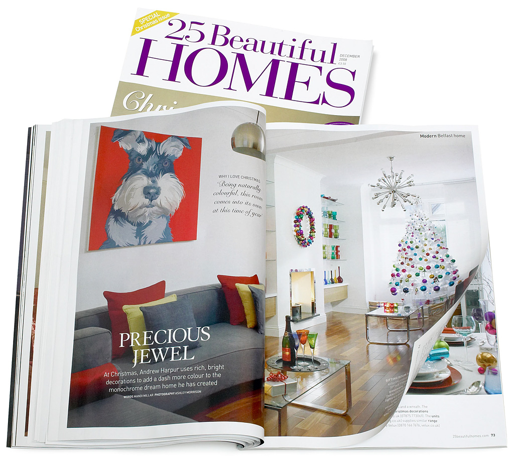 Pages 70 to 74 in the December 2008 issue of 25 Beautiful Homes magazine featuring Andrew Harpur's 30s semi-detached house in Belfast at Christmas.