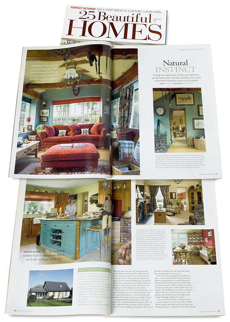 Pages 20 to 24 in the February 2009 issue of 25 Beautiful Homes magazine featuring Jennifer and Gary Orr's 19th-century stone built cottage near Ballywalter in County Down.