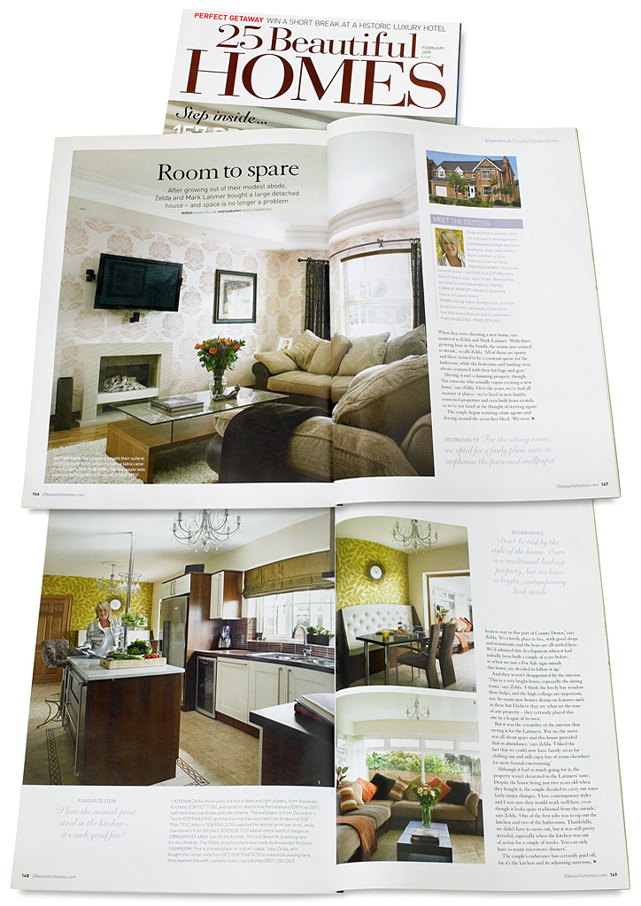 Pages 146 to 150 in the February 2009 issue of 25 Beautiful Homes magazine featuring Zelda and Mark Latimer's modern detached house in the County Down town of Bangor.