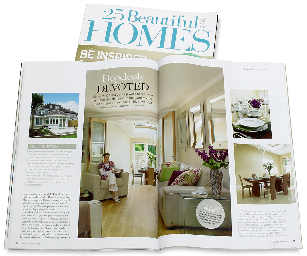 Pages 106 to 109 in the June 2009 issue of 25 Beautiful Homes magazine featuring Margaret and Michael O'Hara's semi-detached house in the Glenageragh area of Dublin.