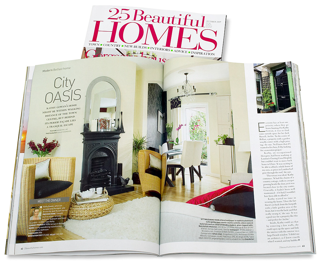 Pages 62 to 65 in the October 2009 issue of 25 Beautiful Homes magazine featuring Kathy Gowan's 1920s mid terrace house in Belfast.