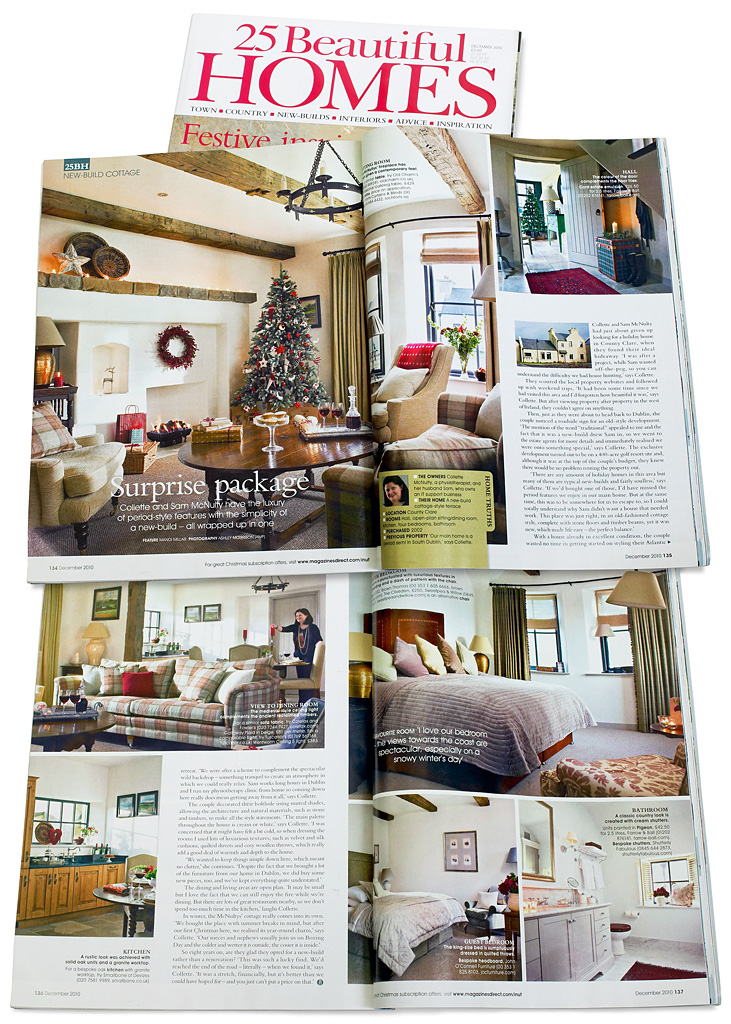 Pages 134 to 137 in the December 2010 issue of 25 Beautiful Homes magazine featuring Collette & Sam&nbsp;McNulty's cottage-style terrace at Christmas near Doonbeg in County Clare