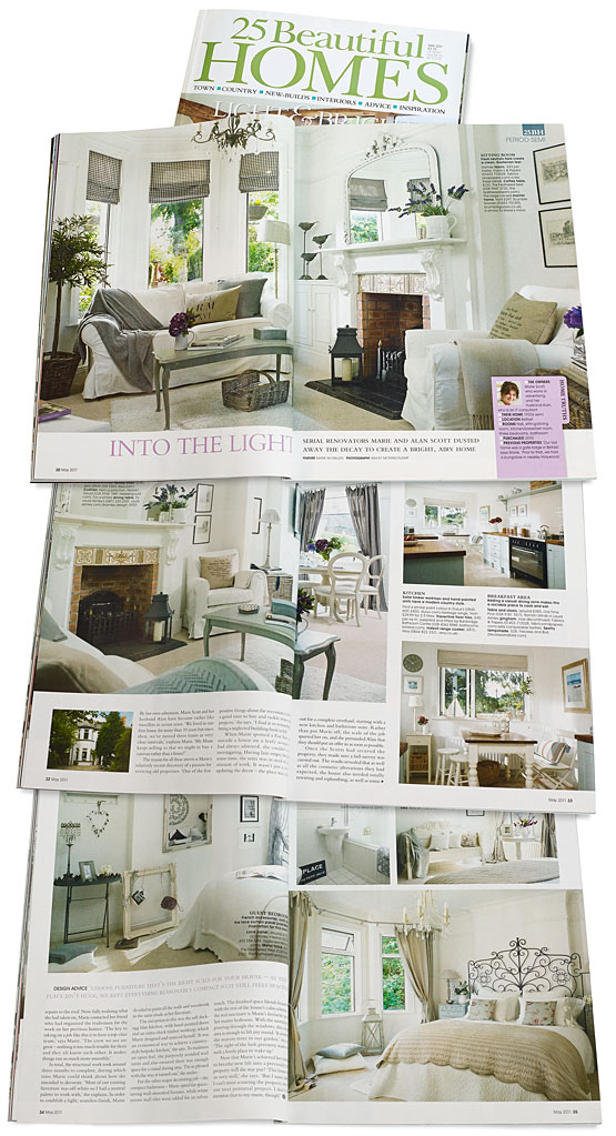 Pages 30 to 35 in the May 2011 issue of 25 Beautiful Homes magazine featuring Marie and Alan Scott's 1920's semi in the Cherryvalley area of Belfast.