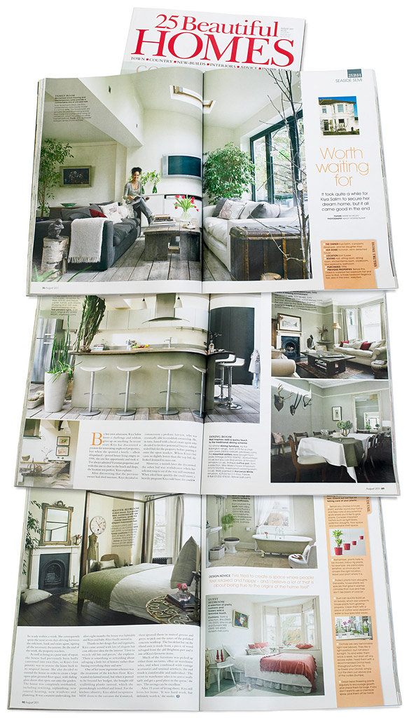 Pages 86 to 92 in the August 2011 issue of 25 Beautiful Homes magazine featuring Kiya Salim's Victorian semi in the south coast town of Hove near Brighton.