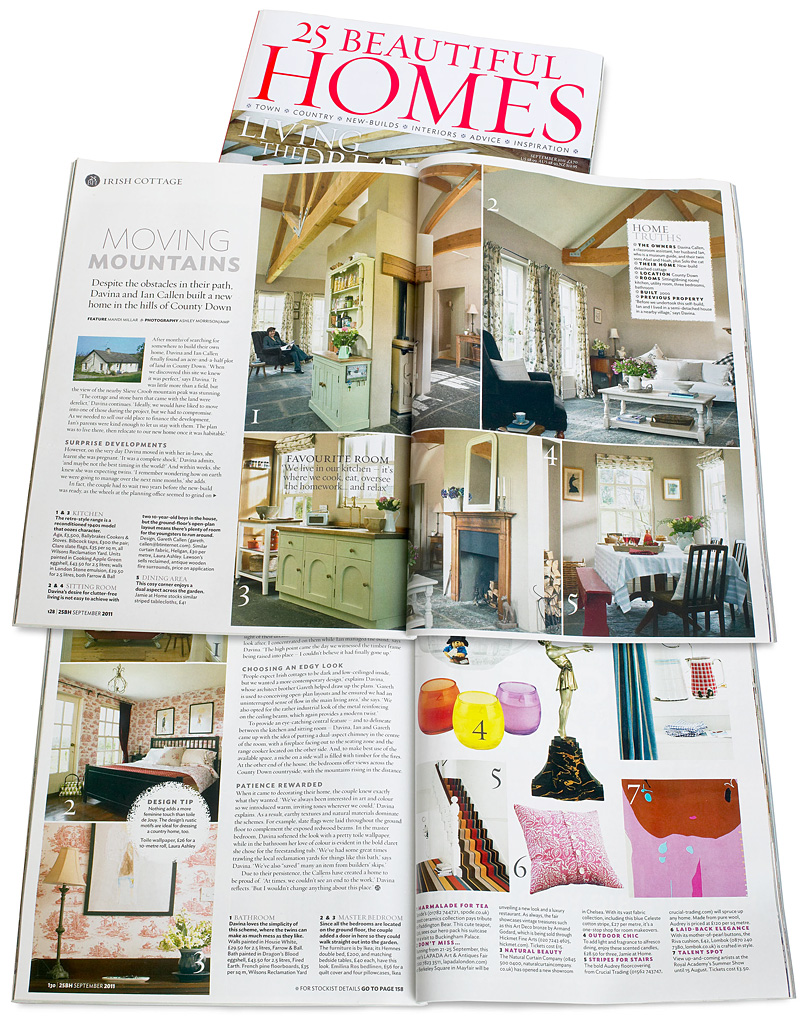 Pages 128 to 130 in the September 2011 issue of 25 Beautiful Homes magazine featuring Davina & Ian Callen's cottage near Seaforde in County Down.