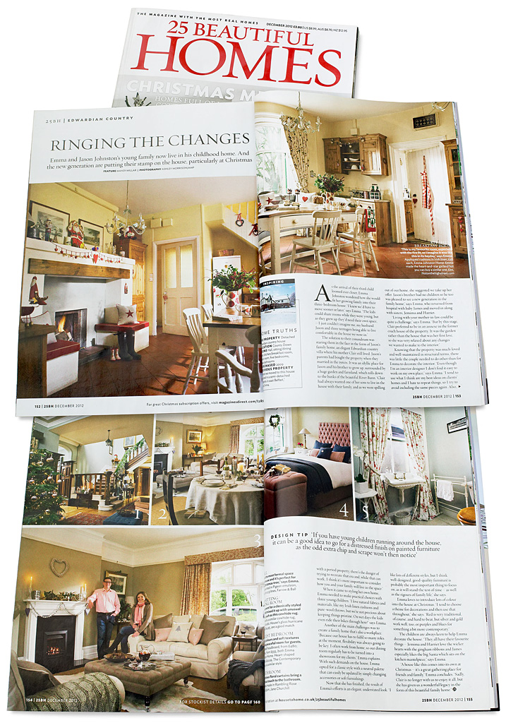 Pages 152 to 155 in the December 2012 issue of 25 Beautiful Homes magazine featuring Emma & Jason Johnston's Edwardian detached house near Banbridge in County Down at Christmas.