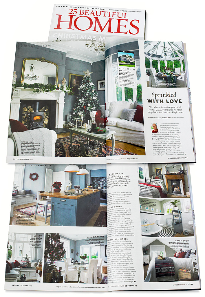 Pages 156 to 159 in the December 2012 issue of 25 Beautiful Homes magazine featuring Seamus Sweeney's bungalow near Holywood in County Down at Christmas.