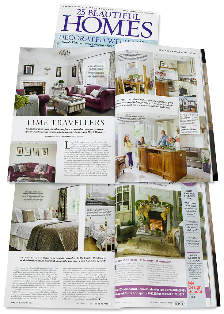 Pages 122 to 124 in the January 2016 issue of 25 Beautiful Homes magazine featuring Lynne & Hugh Doherty's 1940's semi-detached house in the Belmont area of Belfast.
