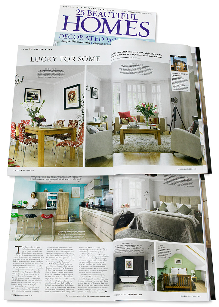 Pages 138 to 141 in the January 2016 issue of 25 Beautiful Homes magazine featuring Lisa & Conor McCann's detached house located in Rosetta area of Belfast.