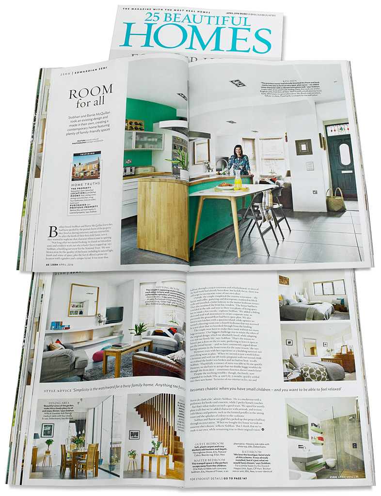 Pages 68 to 71 in the April 2016 issue of 25 Beautiful Homes magazine featuring Siobhan and Barrie McQuillan's semi detached house in Belfast.