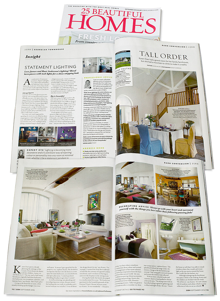 Pages 111 to 113 in the September 2016 issue of 25 Beautiful Homes magazine featuring Karen Dyer's 19th-century farmhouse near the village of Greyabbey in County Down.