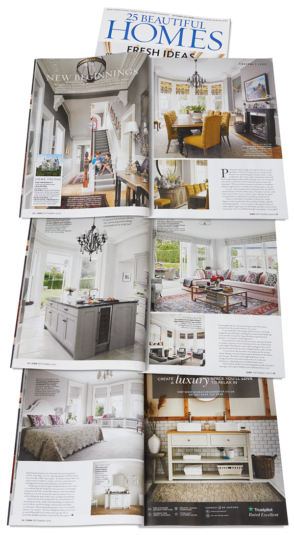 Pages 20 to 24 in the September 2020 issue of 25 Beautiful Homes magazine featuring Jacqui and Peter Kirk's Victorian rectory in the County Down town of Bangor.