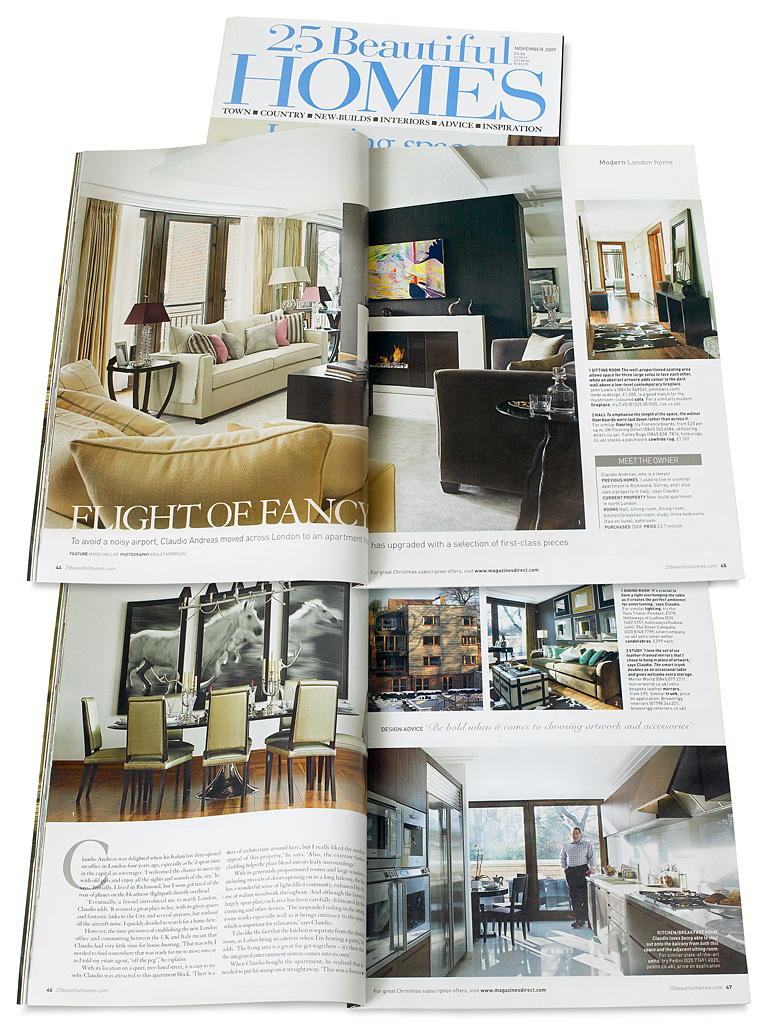 Pages 44 to 48 in the November 2009 issue of 25 Beautiful Homes magazine featuring Claudio Andreas' modern apartment in the Bishops Avenue area of London.