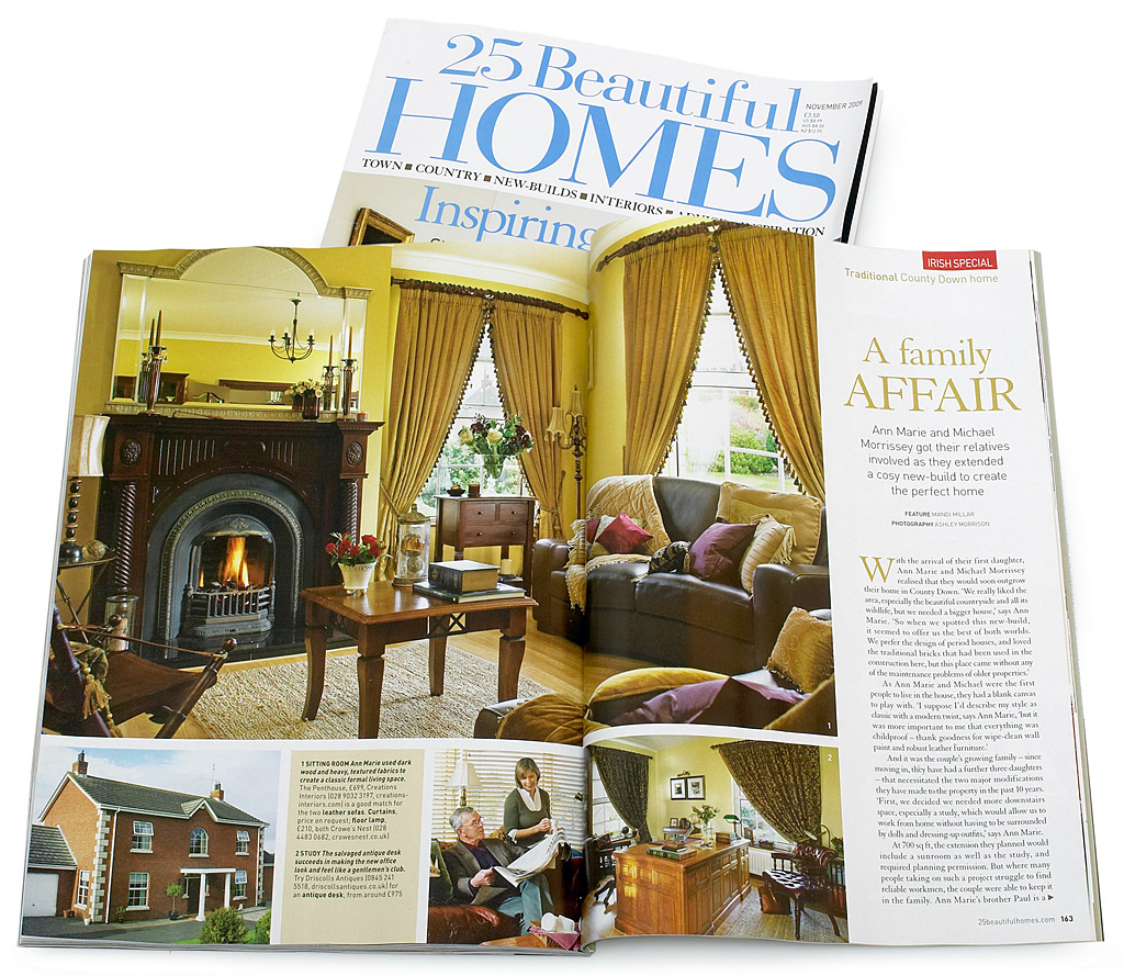 Pages 162 to 165 in the November 2009 issue of 25 Beautiful Homes magazine featuring Ann Marie and Michael Morrissey's new-build traditional style home near Downpatrick in County Down.