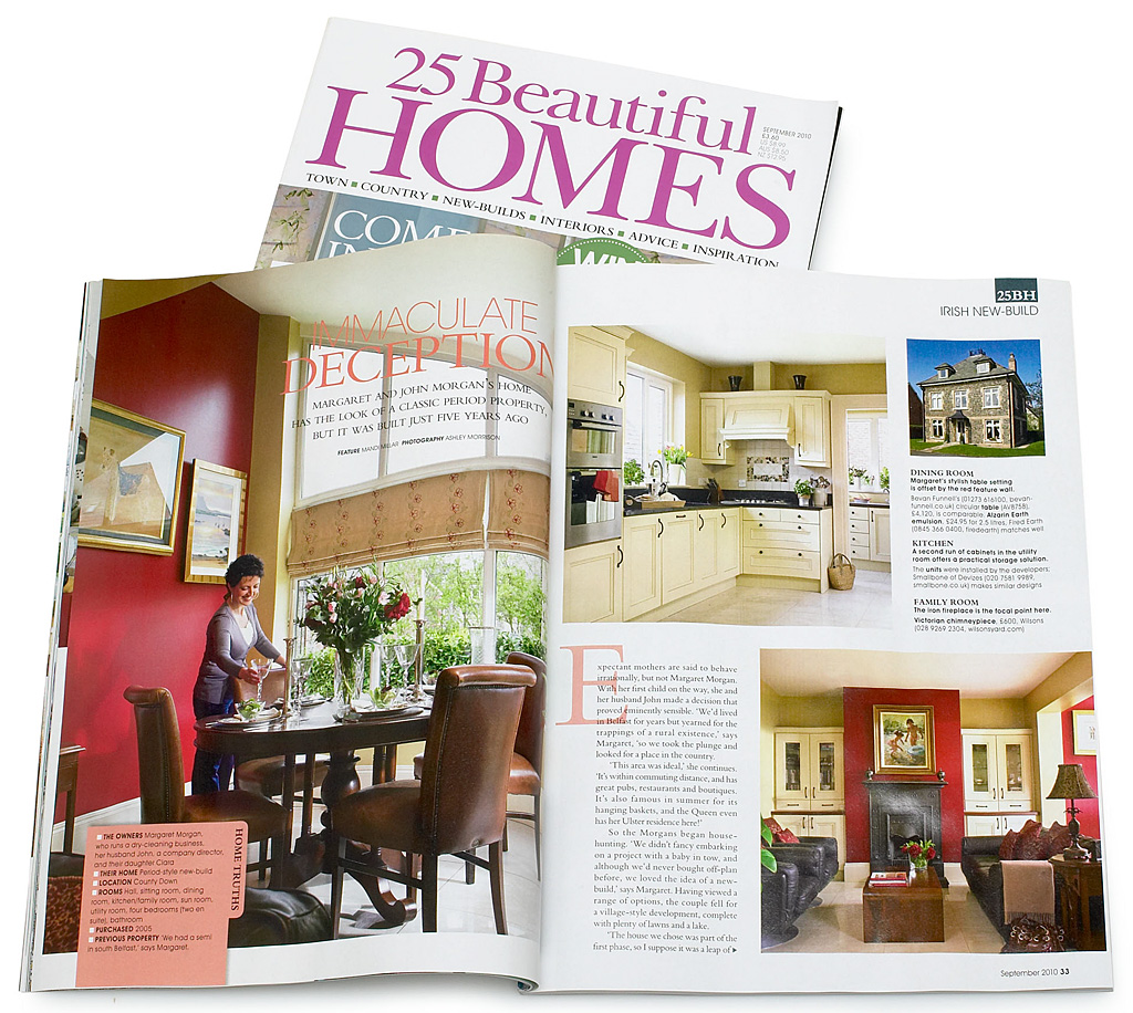 Pages 32 to 36 in the September 2010 issue of 25 Beautiful Homes magazine featuring Margaret and John Morgan's period-style new-build house near Hillsborough in County Down.