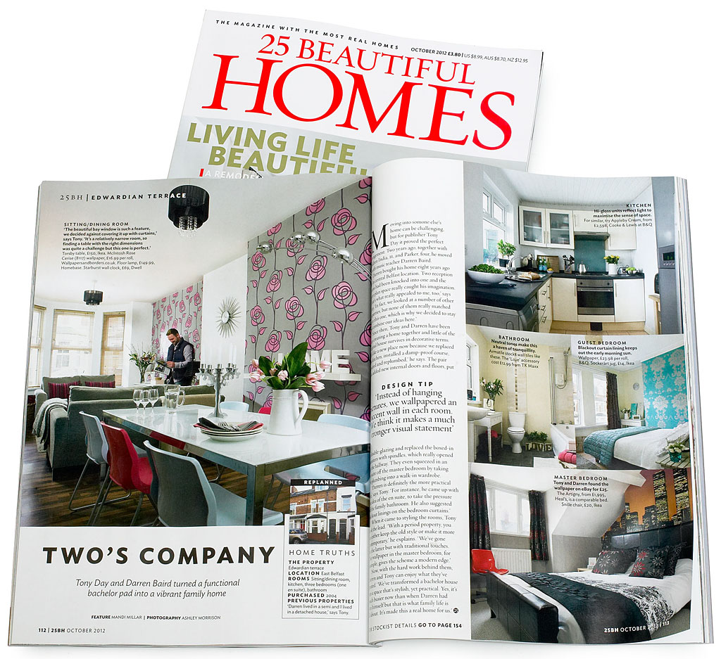 Pages 112 to 113 in the October 2012 issue of 25 Beautiful Homes magazine featuring Tony Day and Darren Baird's three storey Edwardian terrace in Belfast.