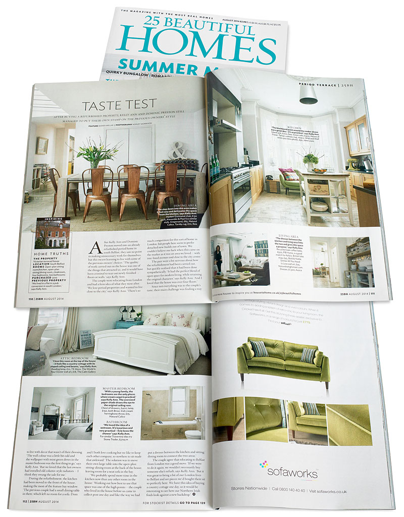 Pages 110 to 112 in the August 2014 issue of 25 Beautiful Homes magazine featuring Kelly Ann & Dominic Preston's Victorian mid terrace townhouse in Belfast.