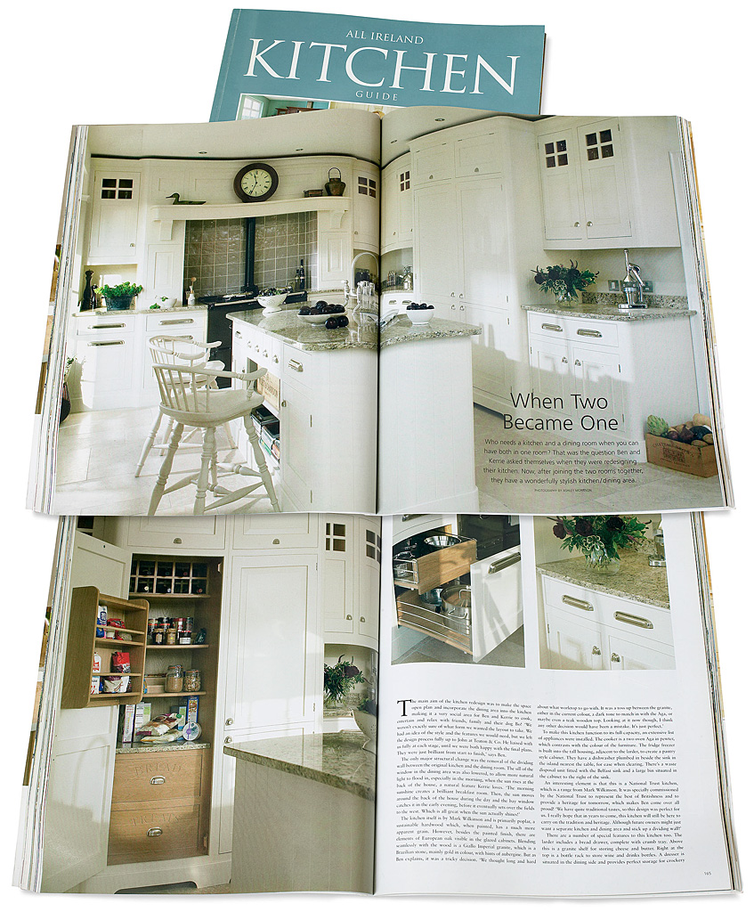 Pages 162 to 166 in the 2006 Spring / Summer issue of All Ireland Kitchen Guide featuring a National Trust kitchen by Mark Wilkinson which was fitted by Teuton & Company in a house near Hillsborough in County Down.