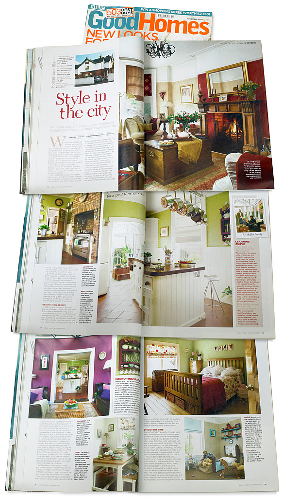 Pages 72 to 82 in the November 2007 issue of BBC Good Homes magazine featuring Brenda and Nick Moffett's Edwardian detached house near the city of Belfast.