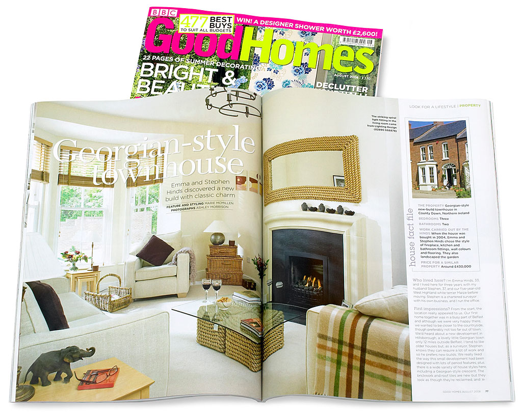 Pages 76 to 81 in the August 2008 issue of BBC Good Homes magazine featuring Emma and Stephen Hinds' Georgian-style townhouse in the County Down town of Hillsborough.