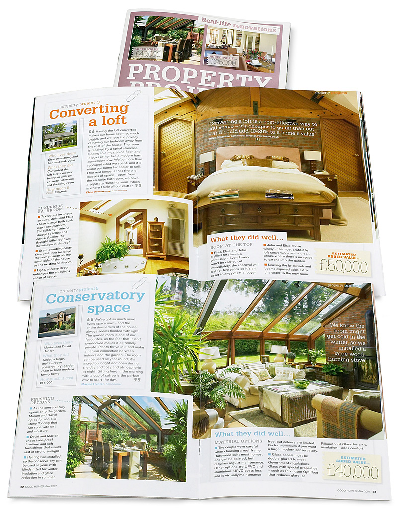 On the cover plus pages 14 to 15 and pages 22 to 23 in the May 2007 issue of Property Project inside BBC Good Homes magazine featuring Elsie and John Armstrong's modern detached house near Dunadry in County Antrim.