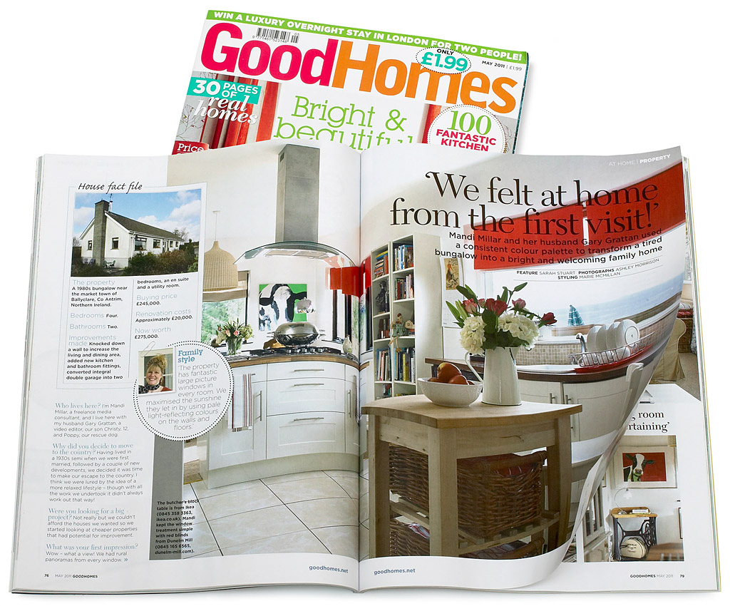 Pages 76 to 80 in the May 2011 issue of GoodHomes magazine featuring Mandi and Gary Millar's 1980s bungalow near the market town of Ballyclare in County Antrim.