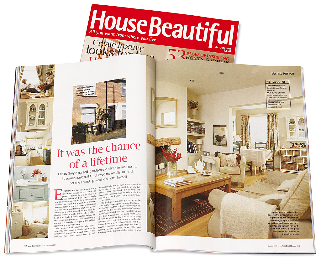 Pages 92 to 96 in the October 2005 issue of House Beautiful magazine featuring Lesley Smyth and Stephen Frater's 1920s terrace house in Belfast.