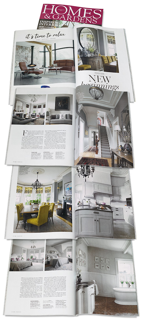 Pages 107 to 113 in the January 2019 issue of Homes & Gardens magazine featuring Jacqui and Peter Kirk's Victorian rectory in the County Down town of Bangor.