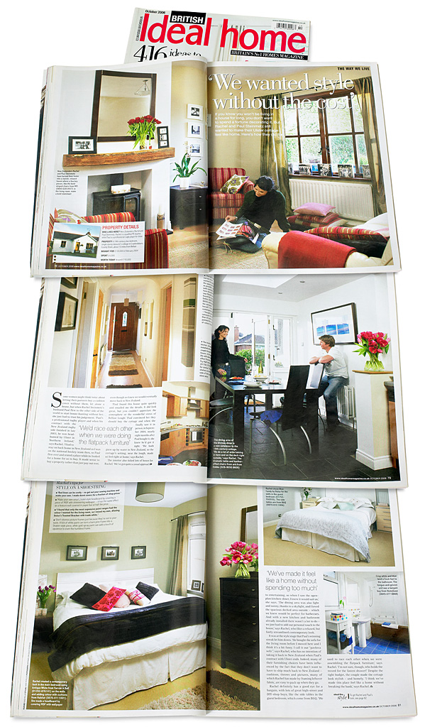 Pages 76 to 81 in the October 2006 issue of Ideal Home magazine featuring Rachel and Paul Steinmetz's 19th-century single-storey labourer's cottage near the seaside town of Bangor in County Down.