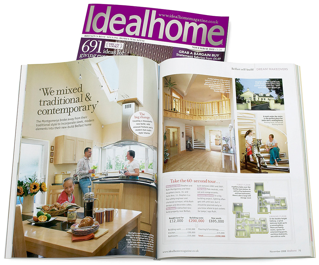 Pages 74 and 80 of the November 2008 issue of Ideal Home magazine featuring Ruth and Stephen Montgomery's detached new-build near Lisburn in County Down.