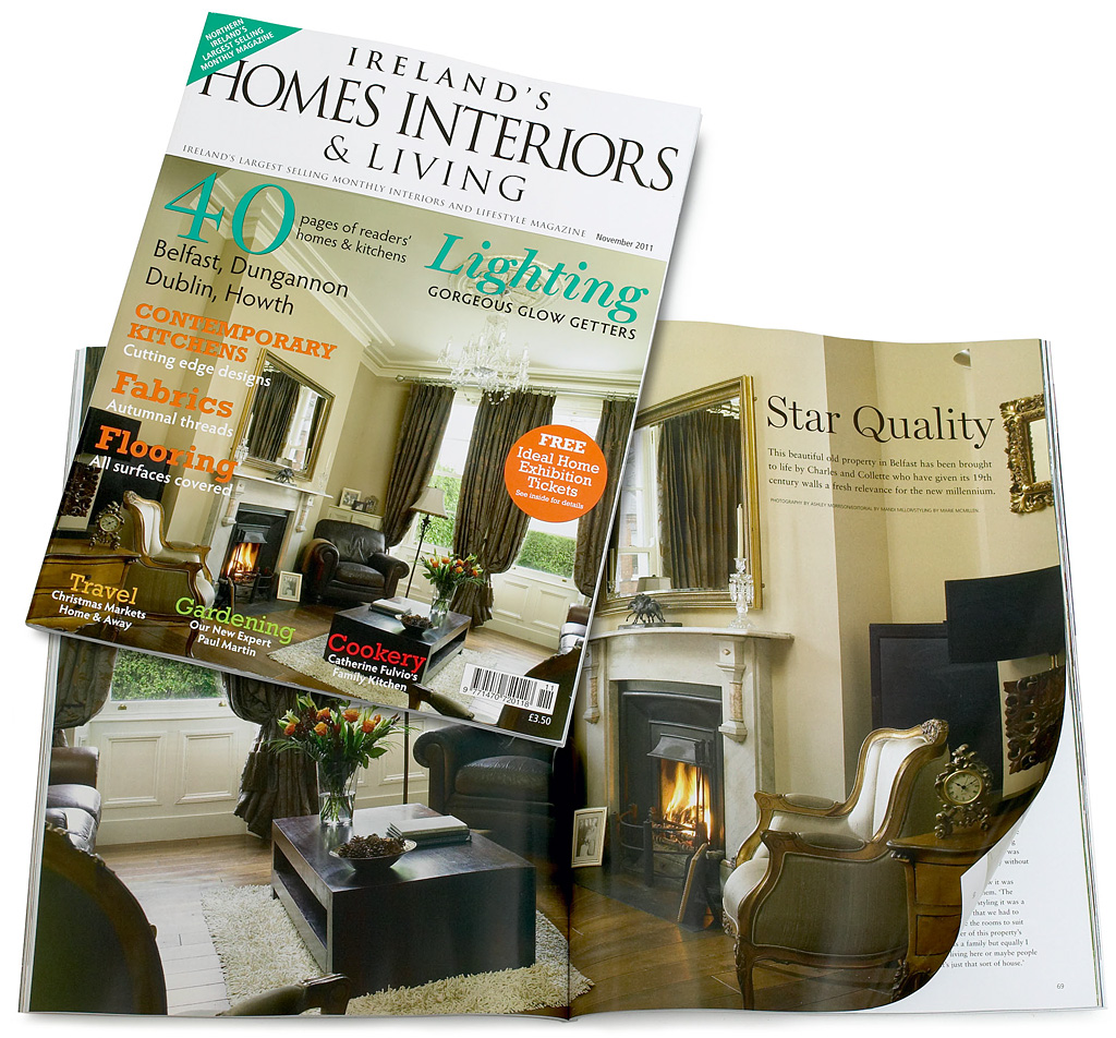 Cover plus pages 66 to 76 in the November 2011 issue of Ireland's Homes Interiors & Living magazine featuring Geraldine & Cathal McNicholl's Victorian semi in Belfast.