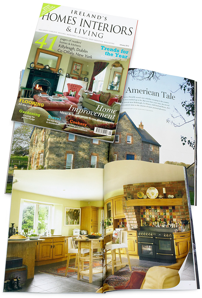 Cover plus pages 94 to 104 in the January 2013 issue of Ireland's Homes Interiors & Living magazine featuring Ryan & Danielle Cleland Bogle's converted stable block near Killyleagh in County Down.