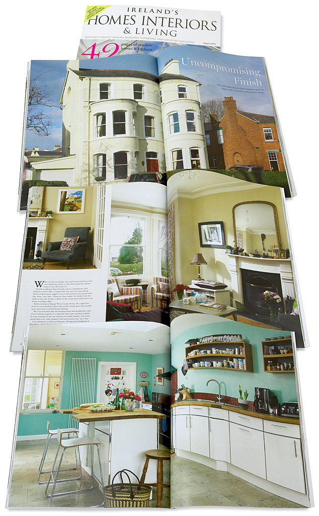 Pages 80 to 92 in the August 2013 issue of Ireland's Homes Interiors & Living magazine featuring Amy & Gareth Scott's period semi-detached home in the County Down town of Bangor