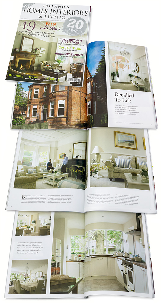 The cover plus pages 84 to 94 in the November 2014 issue of Ireland's Homes Interiors & Living magazine featuring Fiona & Conor O'Kane's detached Victorian Gentleman’s residence in Belfast.