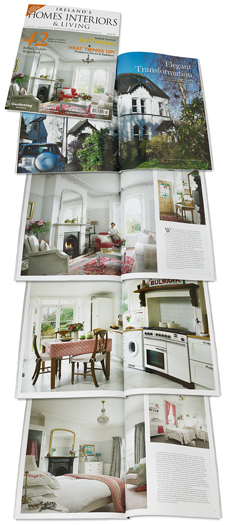 The cover plus pages 82 to 93 in the October 2017 issue of Ireland's Homes Interiors and Living magazine featuring Emma and Graham Cooper's Victorian semi in Belfast.