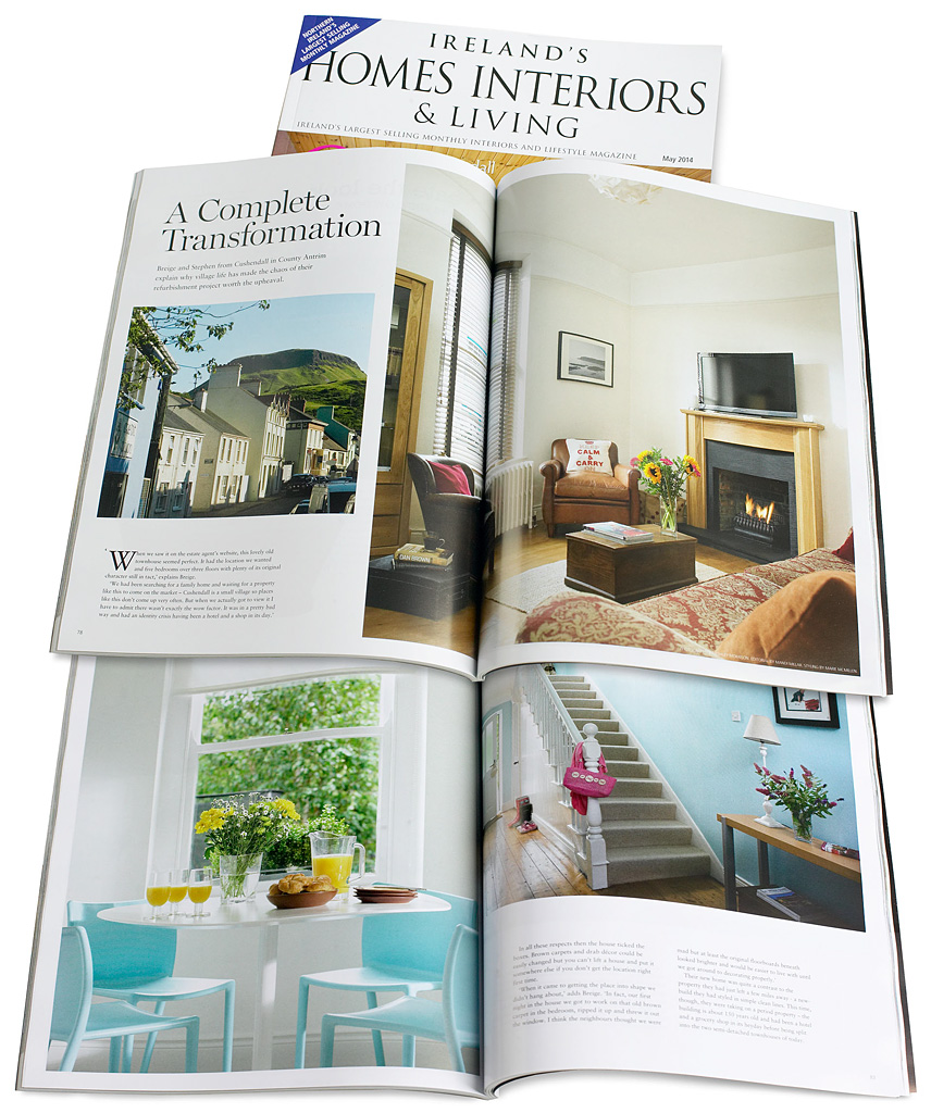 Pages 78 to 87 in the May 2014 issue of Ireland's Homes Interiors & Living magazine featuring Briege & Stephen Conway's Victorian townhouse in the County Antrim coastal town of Cushendall.