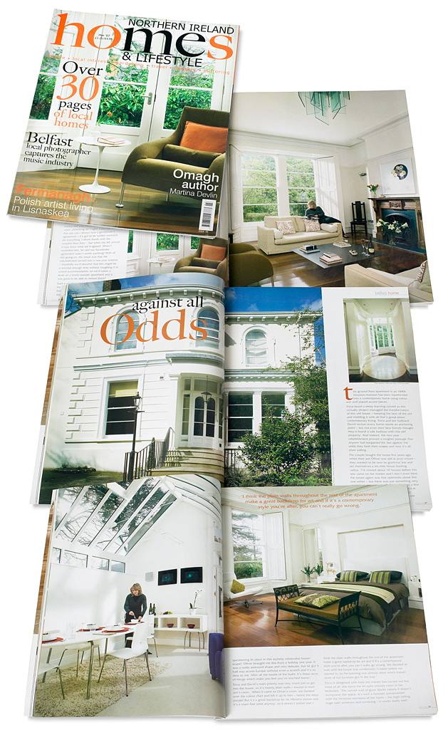 The cover plus pages 26 to 34 in the May 2007 issue of Northern Ireland Homes & Lifestyle magazine featuring David and Patricia McNeilly's ground floor apartment in an 1840's Victorian mansion in Belfast.