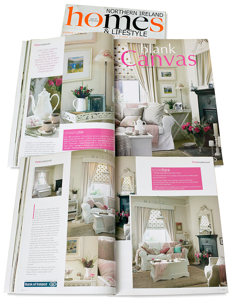 Pages 51 to 54 in the June 2007 issue of Northern Ireland Homes & Lifestyle magazine featuring a living room makeover by Marie McMillen.