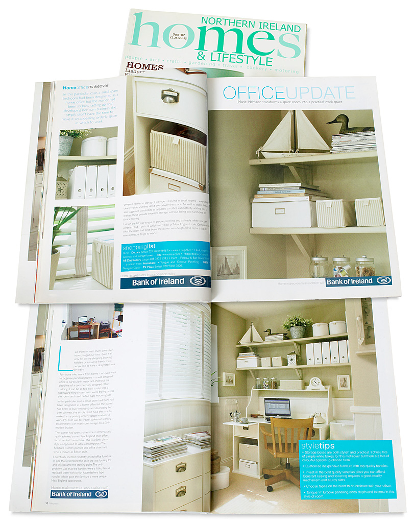 Pages 52 to 55 in the September 2007 issue of Northern Ireland Homes & Lifestyle magazine - featuring a home office makeover by Marie McMillen.