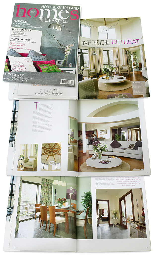 The cover plus pages 58 to 66 in the November 2007 issue of Northern Ireland Homes & Lifestyle magazine featuring Jane McKenna's penthouse apartment on the banks of the River Lagan in Belfast.