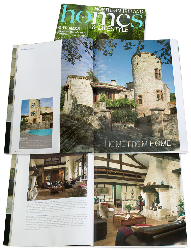 Pages 46 to 54 in the June 2008 issue of Northern Ireland Homes & Lifestyle magazine featuring Angela and John Goodwin's Tower house in the Tarn region of France.